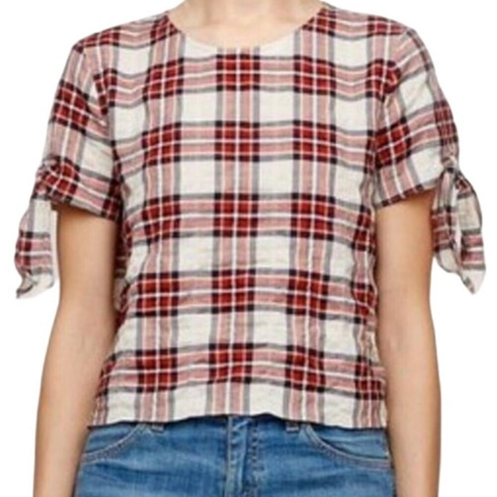 Jenni Kayne Sequoia Tie Shirt Cotton Blouse Plaid Red White Black XSmall